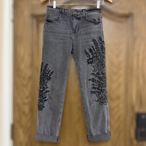 We The Free People Floral Embroidered Gray Jeans Boho Raw Hem Size 25